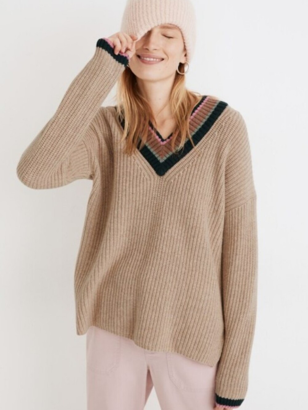 Madewell Tipped Forest V Neck Sweater Ribbed Wool Blend